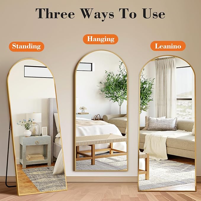 DUMOS Arched Full Length Mirror with Stand Floor Standing Aluminum Frame for Bedroom Body Hanging Leaning Modern Simple Home Decor Shatter-Proorf Nano Glass Wall Living Room Cloakroom Gold 59"x16"