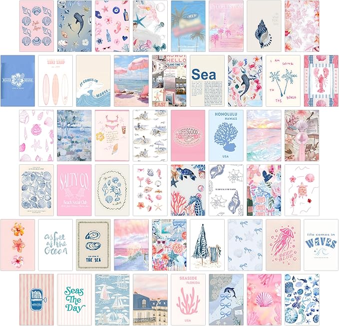 Coastal Granddaughter Room Decor, Pink and Blue Wall Collage Kits, 50 Pcs 4x6 Inch Beachy Aesthetic Wall Art Prints Posters, Coastal Cowgirl Room Dorm Wall Decor for Teen Girls