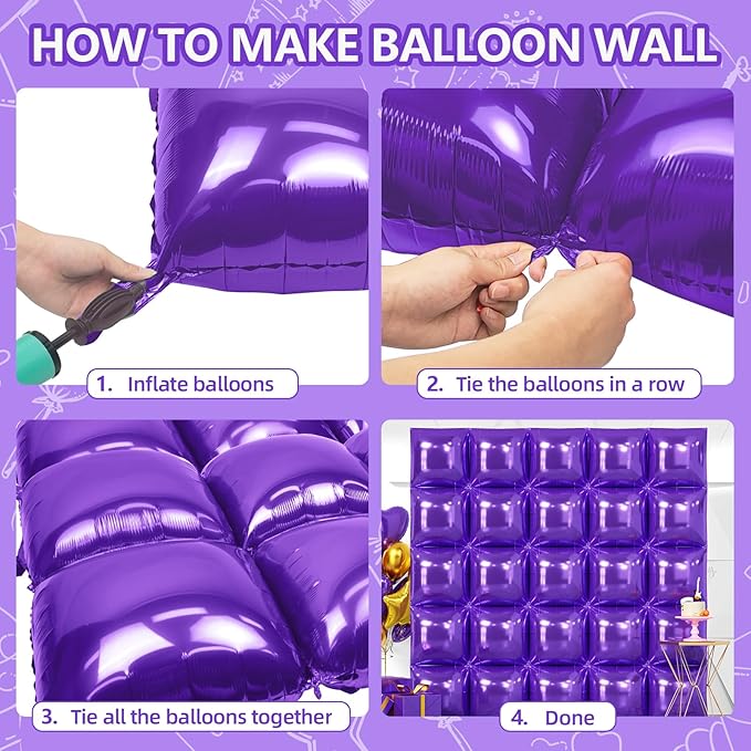 NISOCY 25PCS Purple Square Foil Balloons Wall Backdrop Double Sided Purple Balloons Tunnel Arch Kit for Baby Shower Birthday Wedding Party Decoration