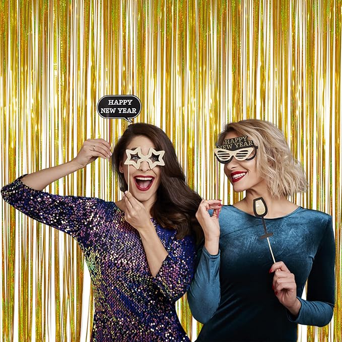 Foil Fringe Curtains st Patricks Day Decorations - Melsan 3 Pack 3.2 x 8.2 ft Gold Tinsel Curtain Party Photo Backdrop for Birthday Party Happy Retirement Baby Shower or Graduation