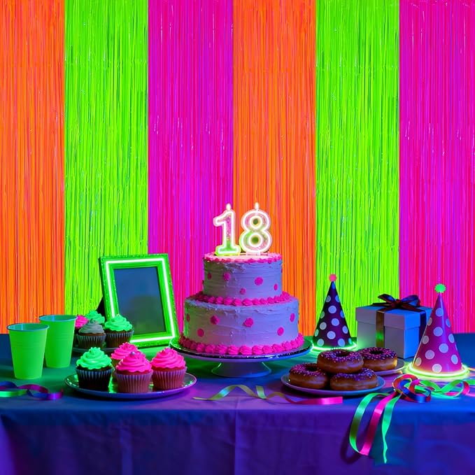 2 Pack Glow in The Dark Party Curtains Streamers, Neon Party Decorations Fluorescent Macaron Colorful Tinsel Foil Fringe Curtains, Photo Booth Prop Backdrop Streamers, Birthday Halloween Party Decor