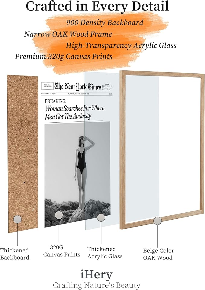 iHery Framed Trendy NewsPaper Wall Art, Large 16x20in Canvas Wall Art,Beige OAK Wood Retro Vintage Magazine Artwork,Woman Searches For Where Men Get The Audacity,Bedroom Bathroom Decor 1Pack