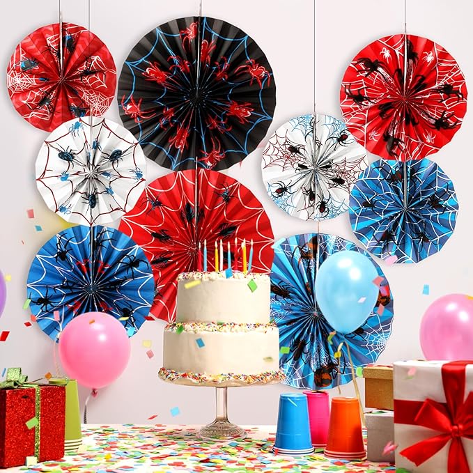 Outus 9 Pcs Spider Web Birthday Party Decorations Spider Paper Fans Party Decorations Red White Blue Black Hanging Ceiling Decor Wall Backdrop Garland Halloween Web Themed Birthday Supplies