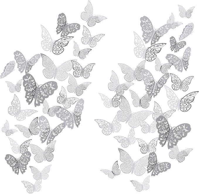 Bememo 72 Pieces 3D Butterfly Wall Decals Sticker Decal Wall Decor Art Decorative Sticker 3 Sizes for Room Offices Bedroom Bathroom Living Room Decor(Silver)