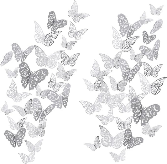 Bememo 72 Pieces 3D Butterfly Wall Decals Sticker Decal Wall Decor Art Decorative Sticker 3 Sizes for Room Offices Bedroom Bathroom Living Room Decor(Silver)