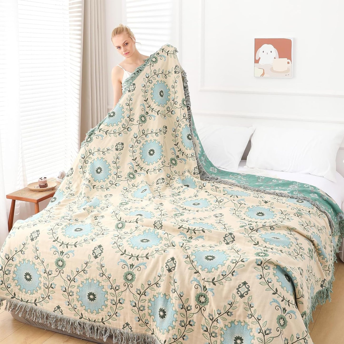 Snycler Boho Throw Blanket for Bed - 100% Cotton Ultra Soft Rustic Quilt - Blue Boho Floral Printed Farmhouse Decor Bed Blankets, 60"×80" All Season Rustic Throw for Sofa Couch Chair