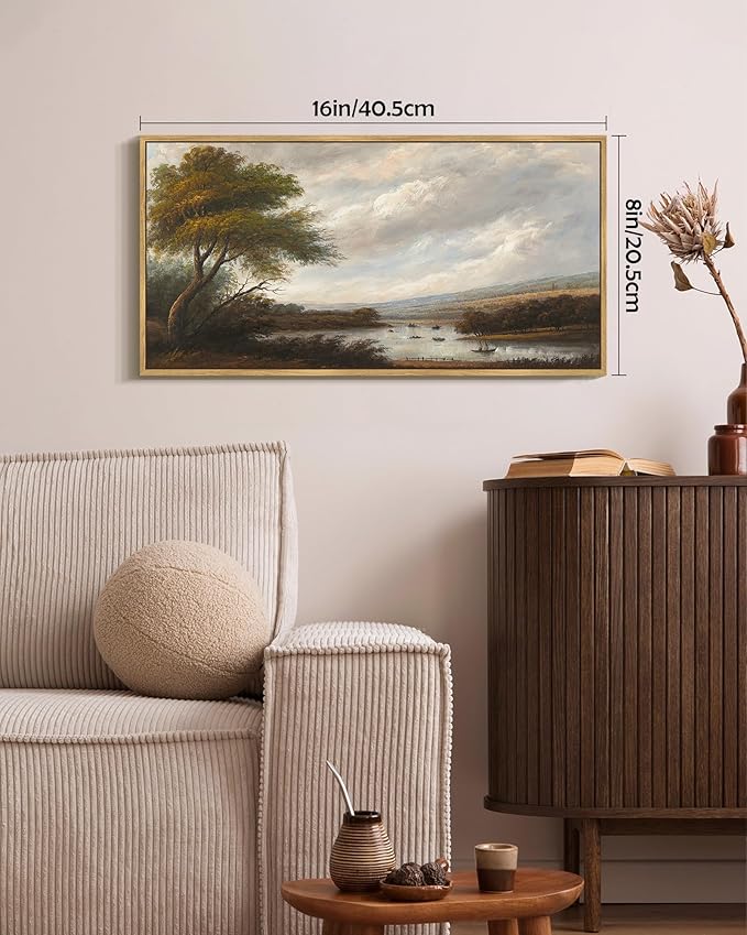 SHENIFY Vintage Landscape Framed Wall Art Riverside Scenery Farmhouse Decor Retro Boat Travel Painting for Kitchen Bedroom Living Room Bathroom - 8x16in Natural Framed