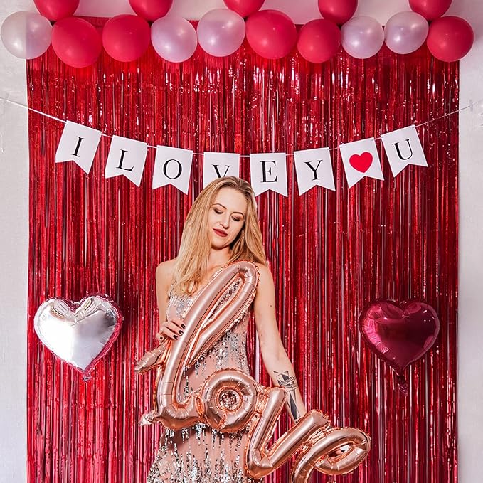 Red Foil Fringe Curtains 3 Pack 3.2 x 8.2 ft Shiny Tinsel Backdrop for Birthday Party Decorations, Photo Booth Background, Red Streamers Decor, Valentines Day