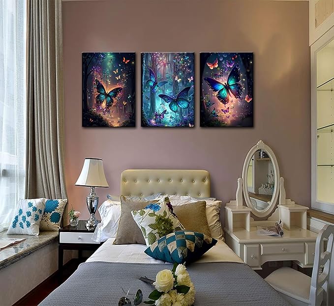 3Pcs Framed Butterfly canvas Wall Art Fantasy forest butterfly wall decoration picture Butterflies poster print Painting Modern Artwork for Home Bathroom Bedroom Living Room Decoration Ready to Hang