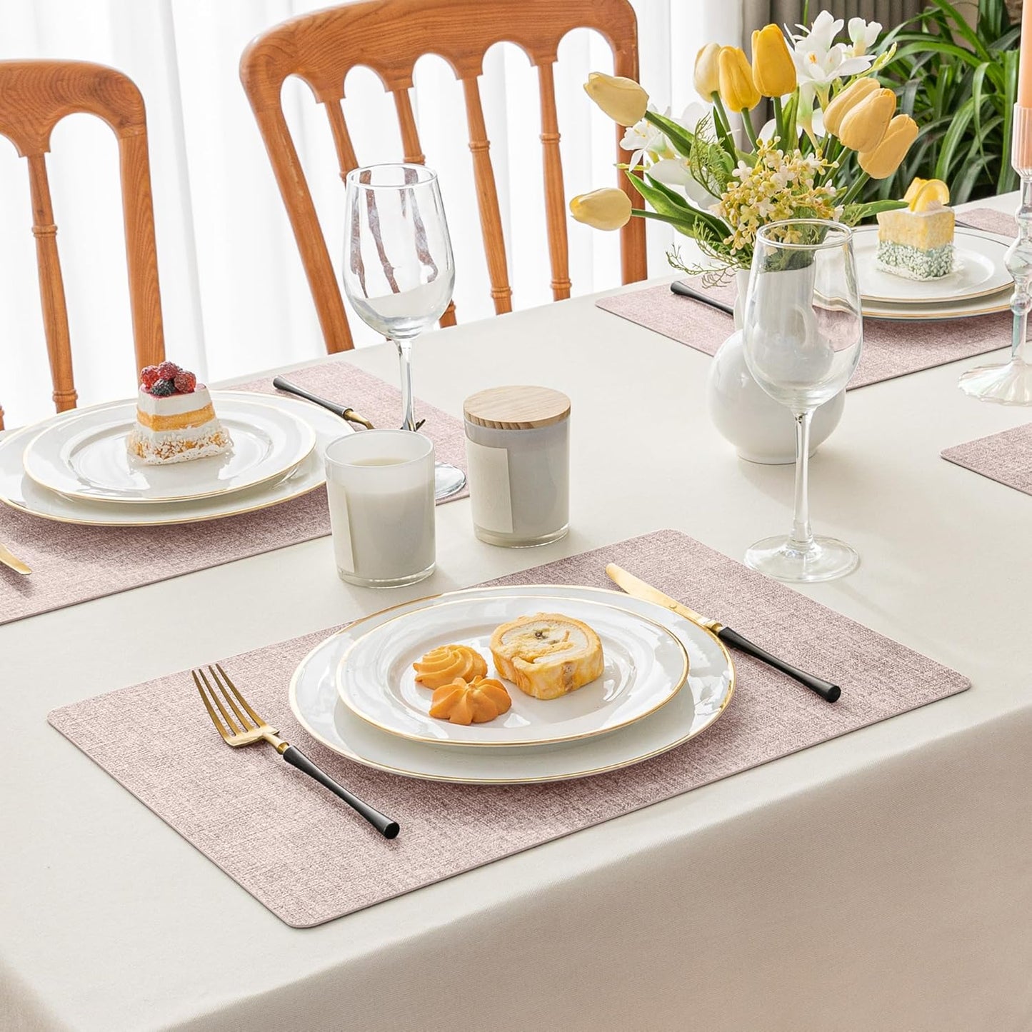 Romanstile Vinyl Placemats Set of 8-12 X 18 Inch - Heat Resistant Place Mats 100% Waterproof Oilproof Wipeable Reversible Faux Leather Table Mats for Kitchen/Dining/Party/Outdoor, Pink