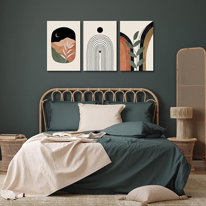 Boho Wall Art Prints Set of 3, Boho Wall Decor, Mid Century Modern Prints Sun Moon Leaf Mountain Canvas Wall Painting, Neutral Abstract Geometric Prints Canvas Artwork Prints for Bedroom Bathroom Living Room Office