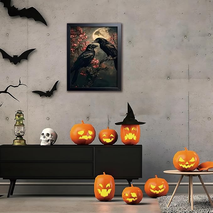 Vintage Framed Wall Art, Forest Gothic Decor, Dark Academia Celestial Moon Canvas Prints, Black Crow Cherry Blossom Painting Wall Decor for Living Room Bedroom – Black Wooden Frame 16x24 Inch
