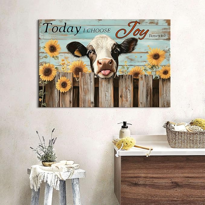 Funny Cow Wall Art Teal Wall Decor Sunflower Kitchen Pictures Christian Bible Signs Canvas Prints Poster Vintage Farmhouse Inspirational Quotes Painting Artwork for Living Room Home Decorations 16x24"