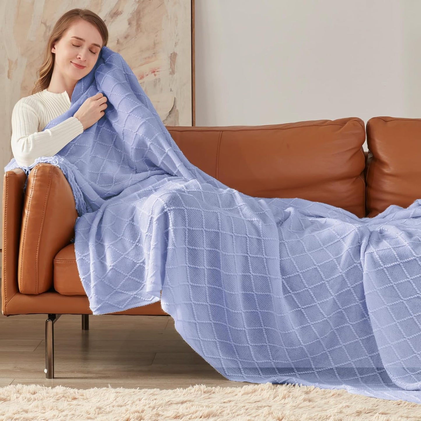 inhand Knitted Throw Blanket for Couch and Bed, Soft Living Room Home Decor Knitted Blanket with Tassel, Outdoor Lightweight Breathable Summer Blanket, Farmhouse Warm Woven Decorative, 50"x60"