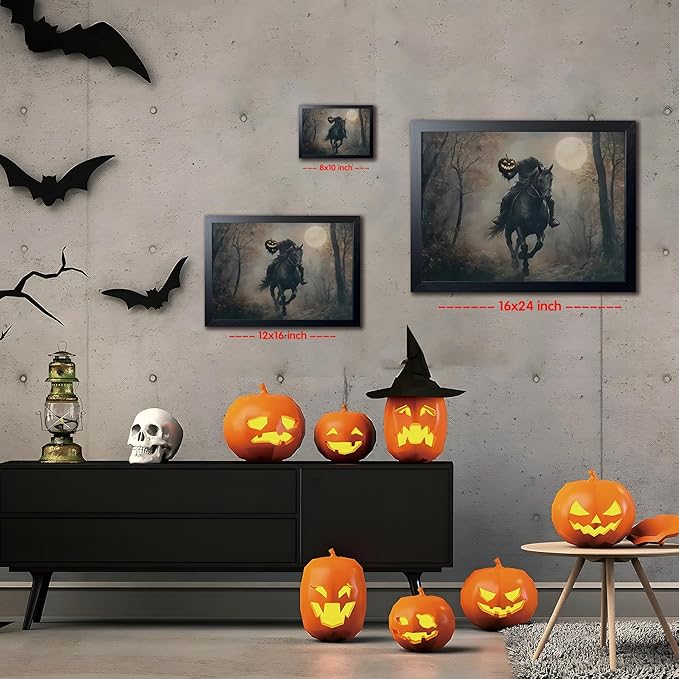 Vintage Canvas Wall Art, Dark Academia Wall Decor, Gothic Poster Print Painting, Headless knight holding a pumpkin lantern Halloween for Living Room Bedroom Decor 8x10 Inch Black Wood Framed