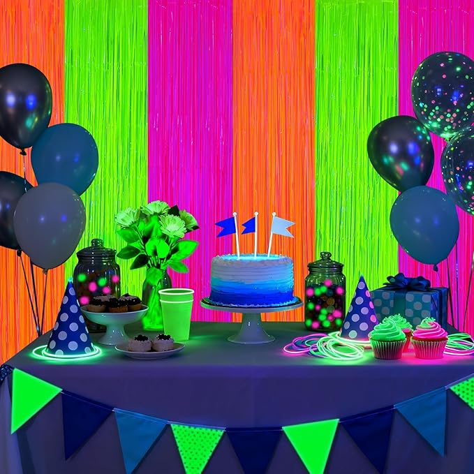 2 Pack Glow in The Dark Party Curtains Streamers, Neon Party Decorations Fluorescent Macaron Colorful Tinsel Foil Fringe Curtains, Photo Booth Prop Backdrop Streamers, Birthday Halloween Party Decor