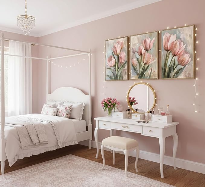 3 Pcs Vintage Pink Tulips Flowers Canvas Wall Art Retro Spring Pink and Green Floral Botanical Paintings Pictures Wall Decor Poster Print Artwork for Living Room Bedroom Home Decoration Unframed