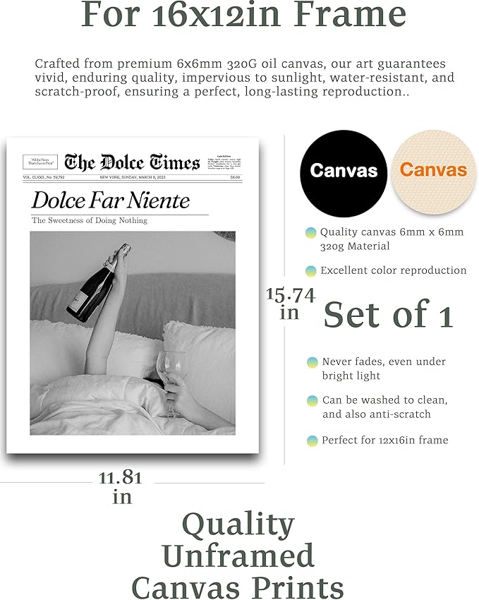 iHery Unframed Trendy NewsPaper Wall Art Prints,12x16in Canvas Wall Art Prints, New York News Print, La Dolce Vita, Italian Summer Wall Art for Living Room Home Décor 1Pack