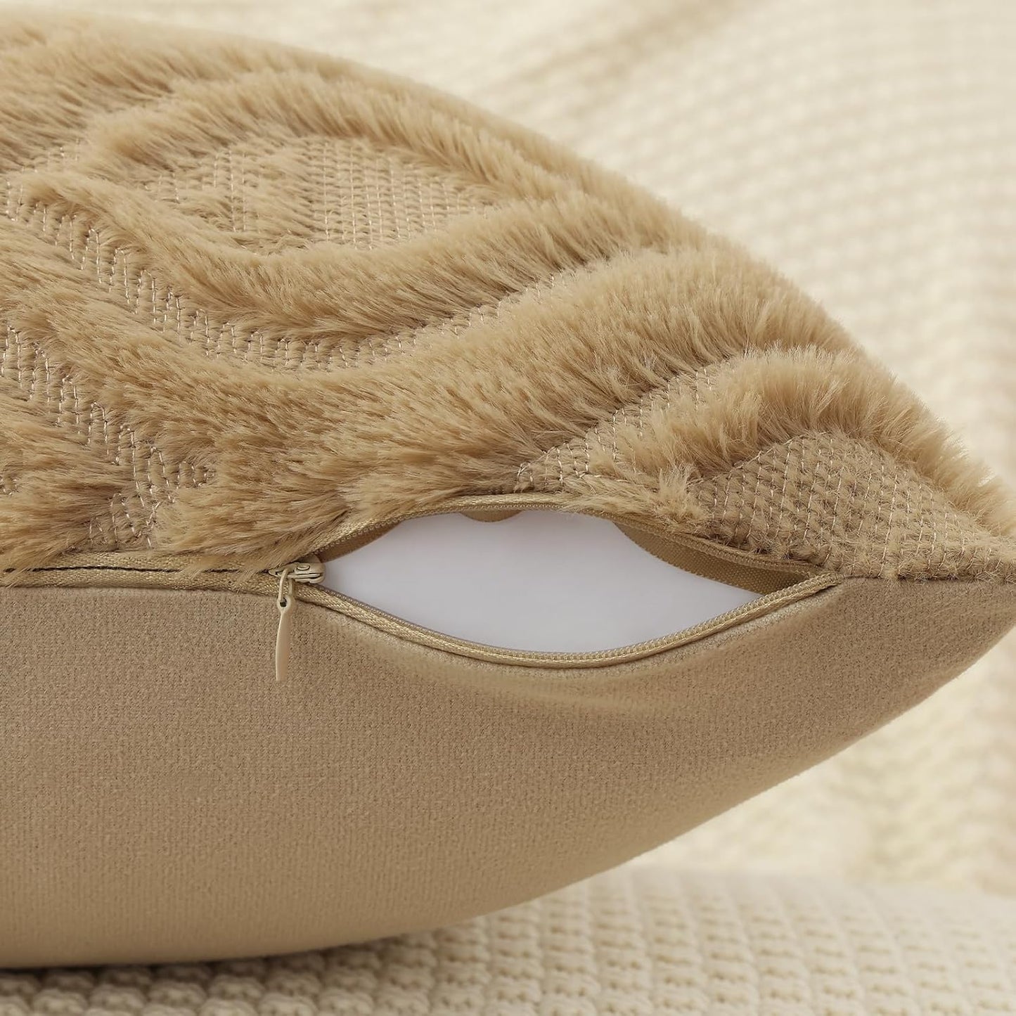 decorUhome Throw Pillow Covers 18x18 Inch Set of 2, Soft Plush Decorative Faux Fur Light Brown Solid Couch Pillow Covers, Accent Farmhouse Neutral Square Euro Pillow Cases for Sofa Bed Living Room