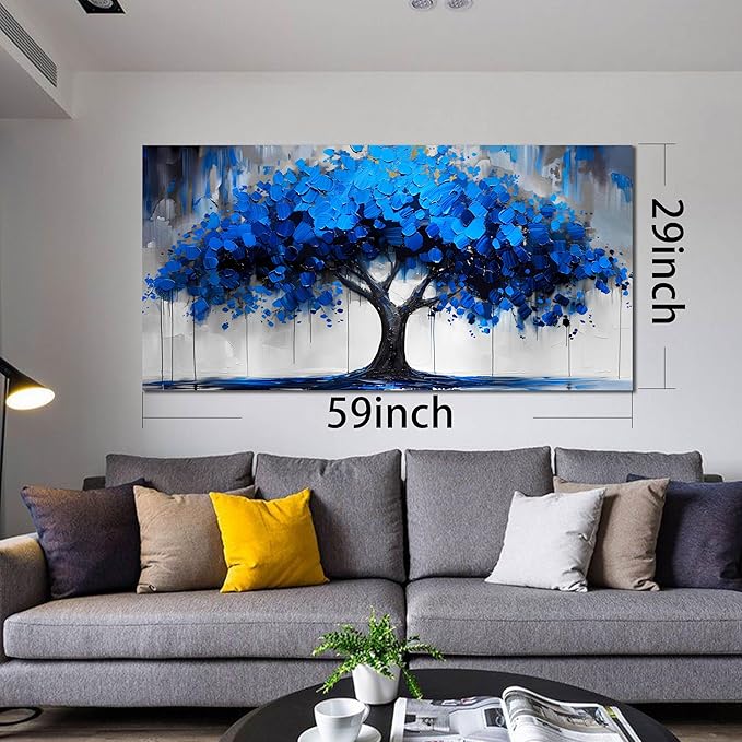 Blue Wall Art Large Tree of Life Wall Art for Living Room Bedroom Office Bathroom Modern Framed Canvas Prints Blue and Grey Picture Size 30x60