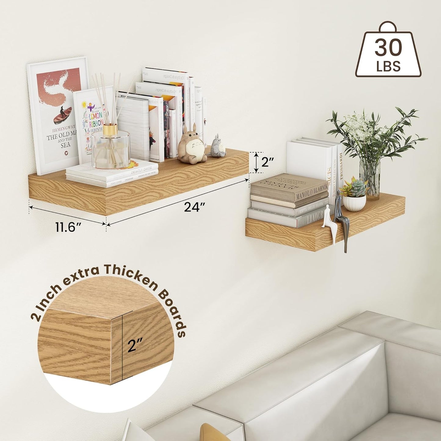 Deep Floating Shelves, 12 Inch Deep Rustic Floating Shelves Set of 2, 24 Inch Large Oak Wood Wall Mounted Shelves for Books Living Room Laundry Room Bedroom Kitchen Home Office - Oak