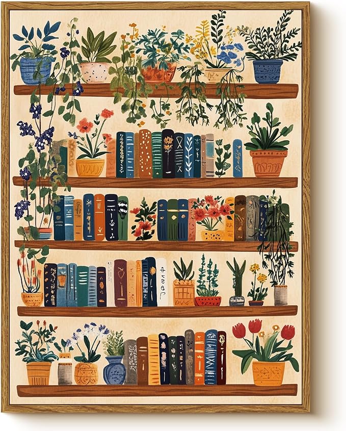 Vintage Botanical Book Shelf Framed Canvas Wall Art, 12x16 Colorful Plants Books Painting, Retro Library Reading Gift, Modern Home Décor for Living Room Study Office