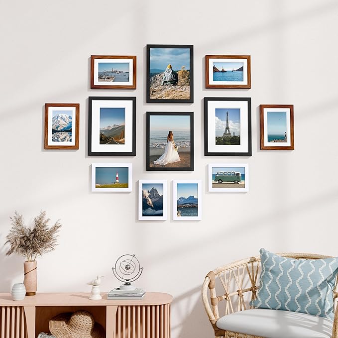 Vittanly 12 Pack Picture Frames Collage Wall Decor for Mounting or Tabletop, Gallery Wall Frame Set for Family, Multi Sizes Including 4pcs 8x10, 4pcs 5x7, 4pcs 4x6, Black & Walnut Brown & White