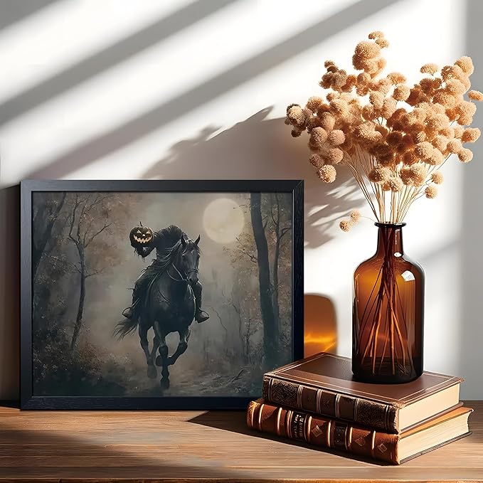 Vintage Canvas Wall Art, Dark Academia Wall Decor, Gothic Poster Print Painting, Headless knight holding a pumpkin lantern Halloween for Living Room Bedroom Decor 12x16 Inch Black Wood Framed