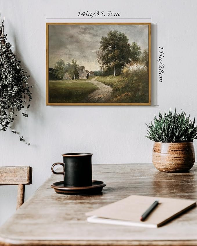 SHENIFY Vintage Landscape Framed Wall Art Rustic Cottage Countryside Farmhouse Decor Retro Painting for Kitchen Living Room Bedroom Bathroom - 11x14in Natural Framed