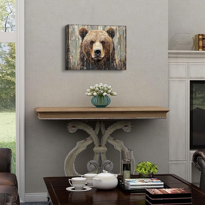Rustic Bear Pictures Wall Decor Bear Wall Art Farmhouse Animal Decor for Living Room Bedroom Vintage Wildlife Animal Head Canvas Prints Nursery Painting Hunting Cabin Artwork Home Decoration 12x16"