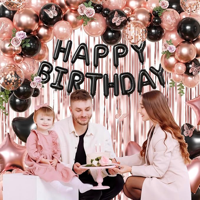 Rose Gold and Black Birthday Decorations for Women Girls, Pearl Metallic Rose Gold Black Foil Confetti Balloons Happy birthday Banner Gold Butterfly Fringe Curtains for Birthday Party Women Girls