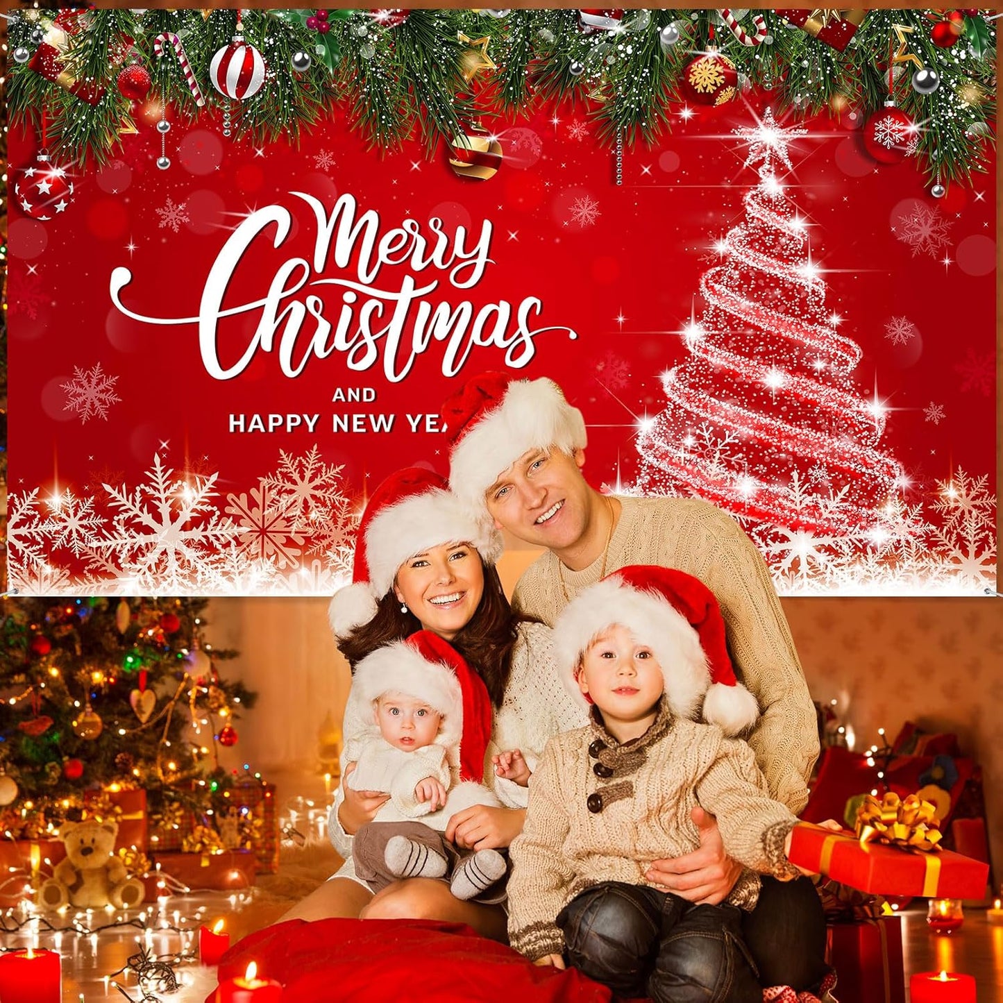 Irenare Christmas Backdrop Merry Christmas Banner Party Decoration Xmas Photography Background Photo Props for Winter Holiday New Year Eve Family Party Decoration Supplies(Tree)