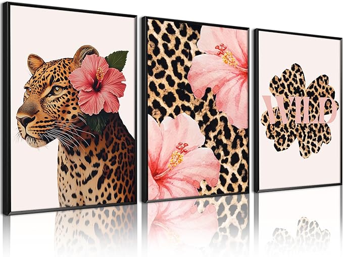 Trendy Leopard Wall Art Pink Cheetah Print Room Decor Leopard Flower Canvas Wall Decor Cheetah Aesthetic Poster Girly Pink Preppy Picture Funky Y2k Artwork for Girl Bedroom 16x24x3 Inch Unframed