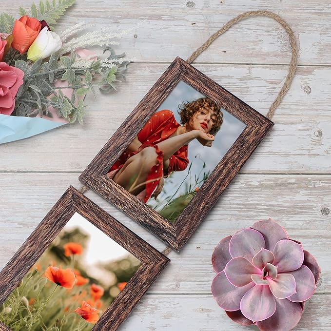 QUTREY 4x6 Collage Picture Frames, 6 Openings Vertical Hanging Photo Frame Set of 2, 4 by 6 inch Multi Picture Frames for Wall, Distressed Brown