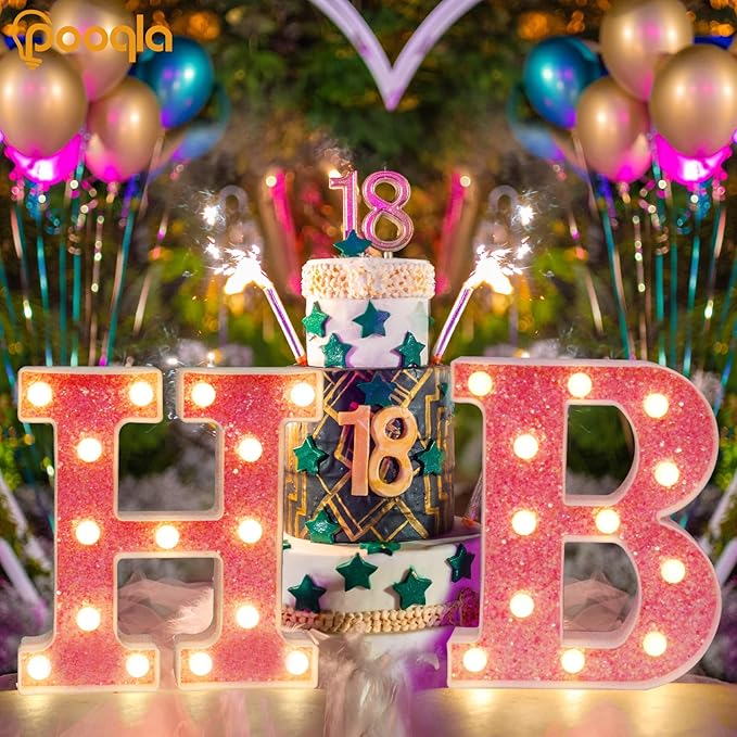 Pooqla LED Marquee Letter Lights, Light Up Pink Letters Glitter Alphabet Letter Sign Battery Powered for Night Light Birthday Party Wedding Girls Gifts Home Bar Christmas Decoration, Pink M