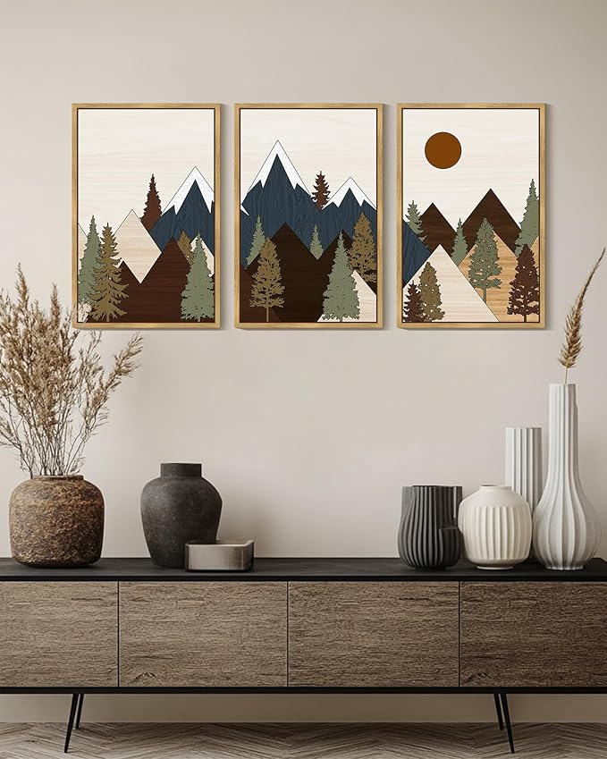 Drsoum Morden Mountains Landscape Wall Art Framed Boho Pine Tree Forest Nature Prints Boho Farmhouse Rustic Artwork Hallway Bedroom Ready to Hang 16x24in Natural Framed