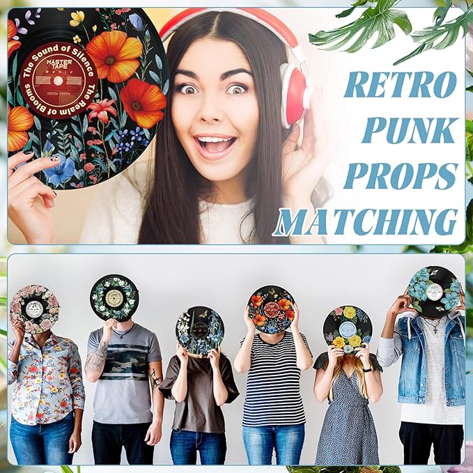 Chunful 6 Pake 12 Inch Vintage Records Wall Decor Aesthetic Retro Record Wall Decor for Dorm Bedroom Living Room Art Display Rock and Roll Music Hippie Party Records Decorations (Floral)