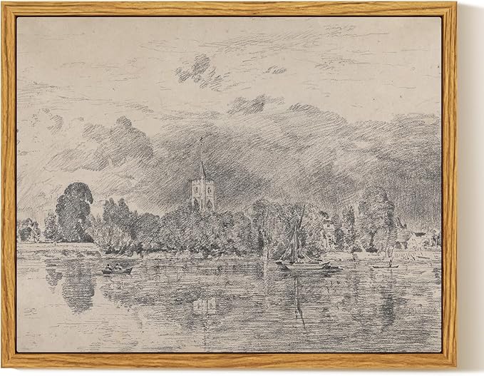InSimSea Framed Canvas Print Art, Vintage Sketch Church lakeside Landscape Painting, Rustic Farmhouse Cottage Decor for Hallway Wall Floating Shelf Desk Vanity Fireplace,10x8 in, Neutral Tones