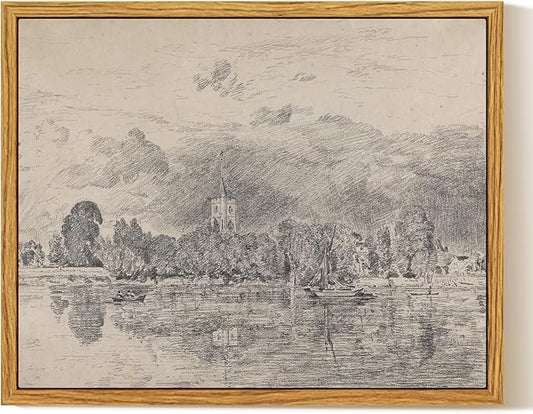 InSimSea Framed Canvas Print Art, Vintage Sketch Church lakeside Landscape Painting, Rustic Farmhouse Cottage Decor for Hallway Wall Floating Shelf Desk Vanity Fireplace,10x8 in, Neutral Tones