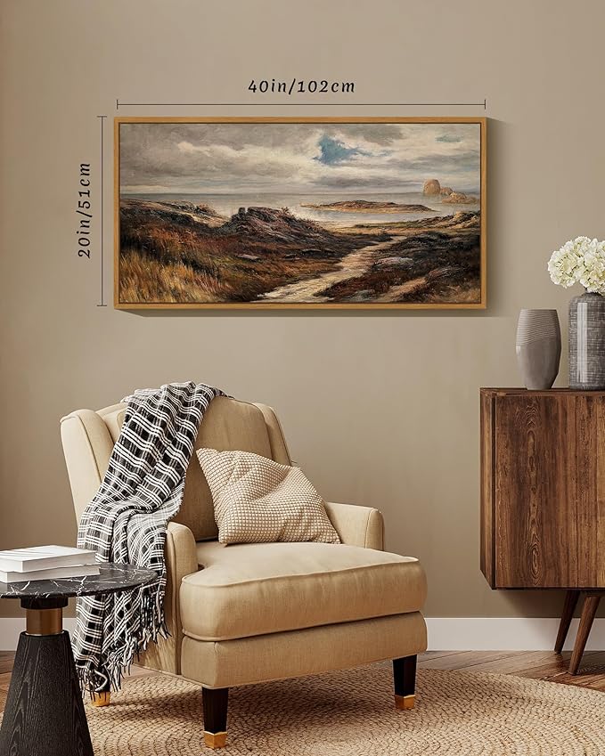 SHENIFY 20x40in Extra Large Vintage Framed Wall Art Seaside Path Wilderness Landscape Painting Retro Coastal Scenery Farmhouse Bedroom Above of Bed Living Room Decor - Natural Framed