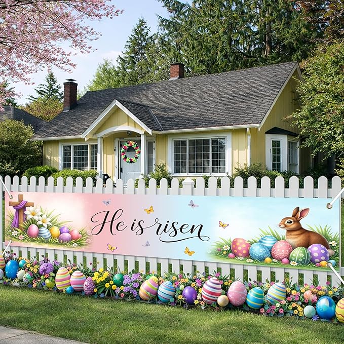 Easter Banner He Is Risen Easter Decorations Resurrection Cross Spring Christian Faith Decor 118×20 inch Religious Easter Banner for Yard Fence Wall Door Porch Indoor Outdoor Church Display