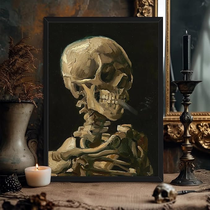 Framed Vincent Van Gogh Skull with Cigarette Canvas Wall Art - Skeleton Paintings Wall Decor, Post-Impressionism Gothic Picture Aesthetic for Halloween Decor Bedroom Living Room Artwork 12x16 inch