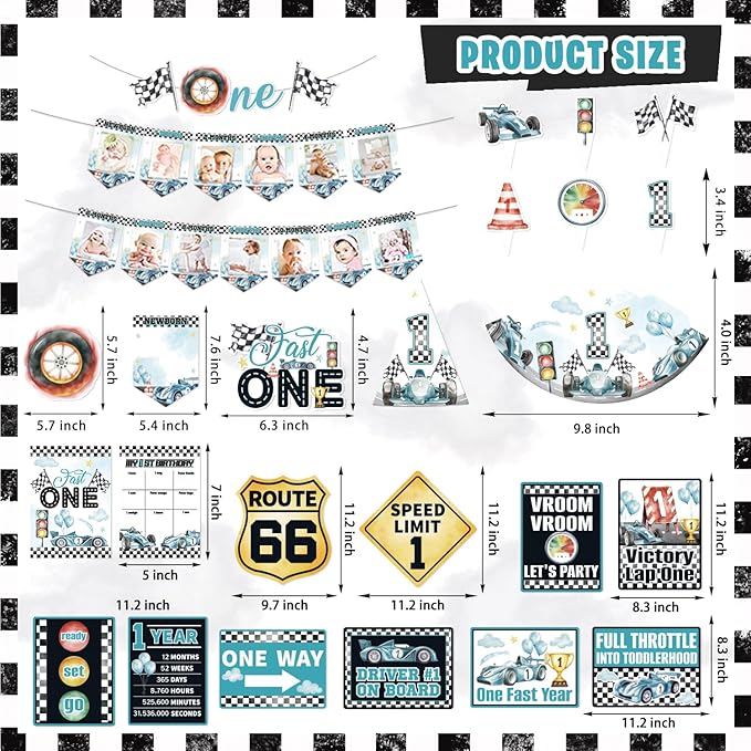 Mpanwen Fast One Birthday Decorations for Boys, 143Pcs Race Car Racing 1st Party Decor Supplies for Baby - Banner, Cake Toppers, Balloons, Tablecloth, Centerpieces, Crown, Poster, Boxes, Wall Signs