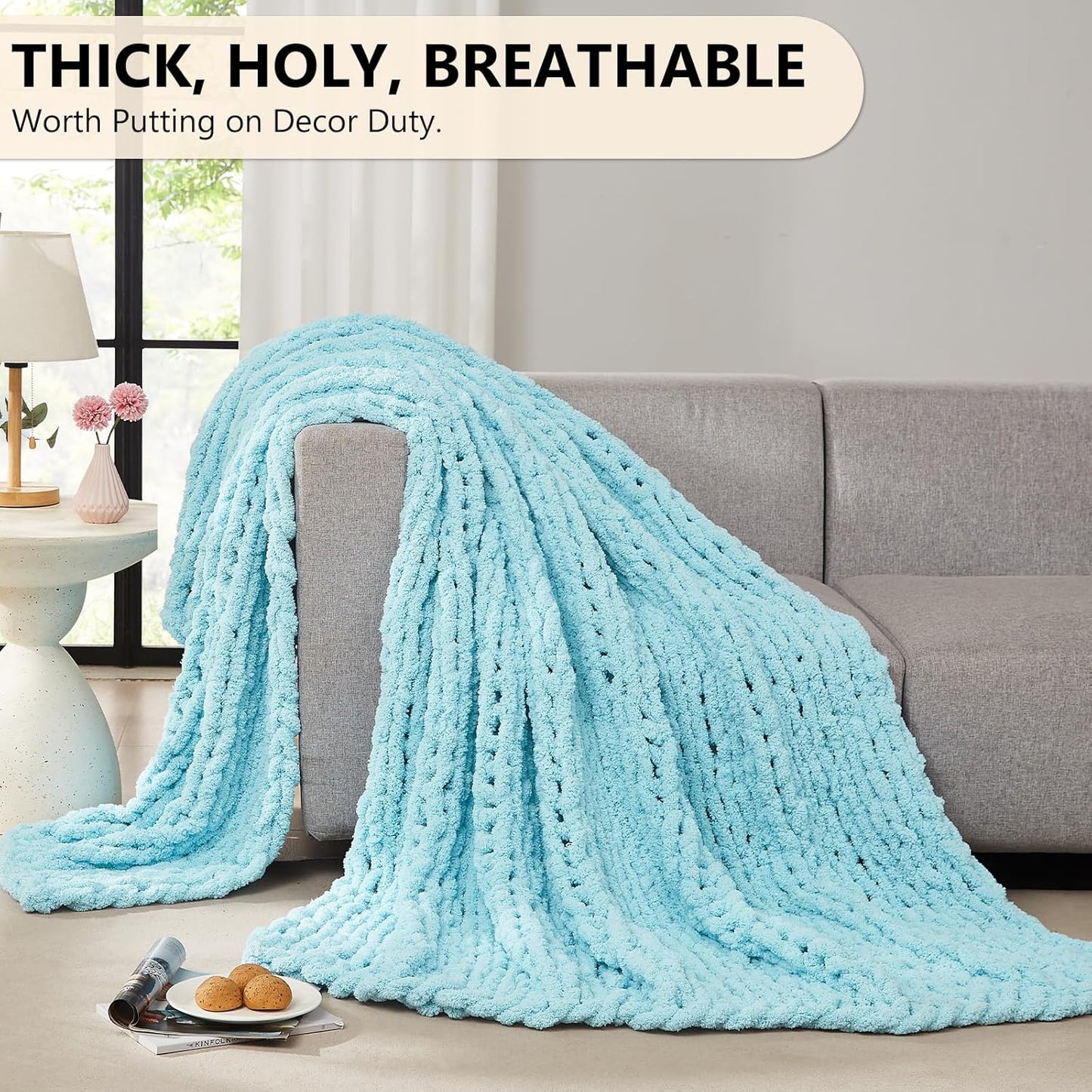 L'AGRATY Chunky Knit Blanket Throw - Soft Chenille Yarn Throw Blanket 40x50： Handmade Thick Cable Knit Crochet Blanke - Large Knit Blanket Chunky Rope Knot Throw Blanket for Couch Sofa Bed Home Decor