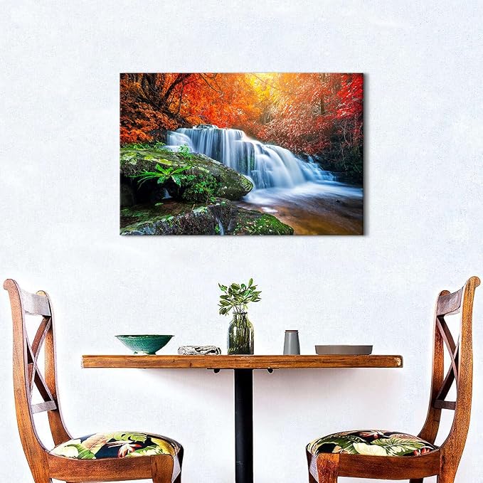 Nature Waterfall Wall Art Mountain Pictures Wall Decor Red Forest Trees Pictures Autumn Stream River Canvas Prints National Park Posters Natural Artwork for Bathroom Living Room Home Decoration 16x24"