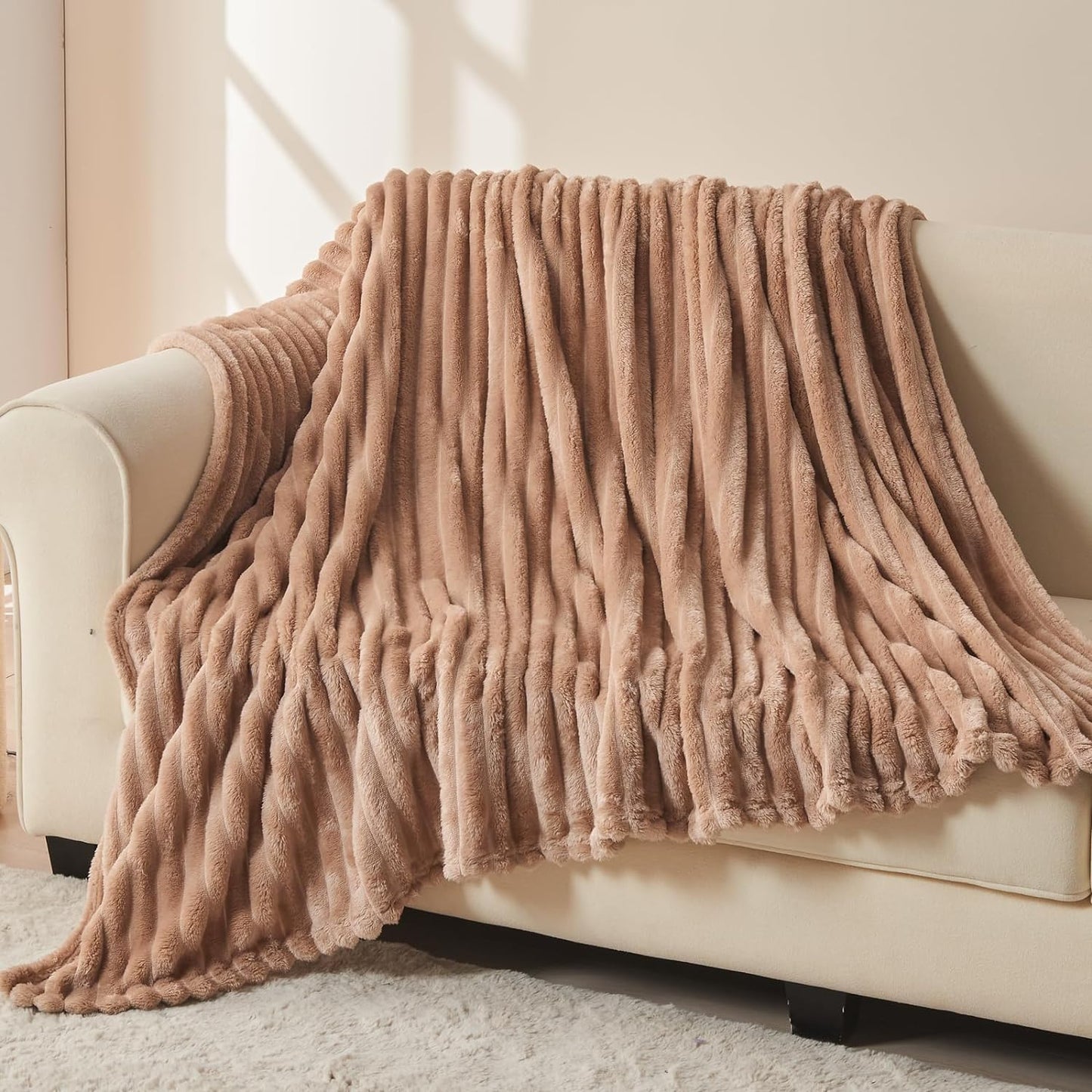NEWCOSPLAY Super Soft Twin Blanket Taupe Premium Silky Flannel Fleece 3D Ribbed Jacquard Lightweight Bed Blanket All Season Use (Taupe Ribbed, Twin(60"x80"))