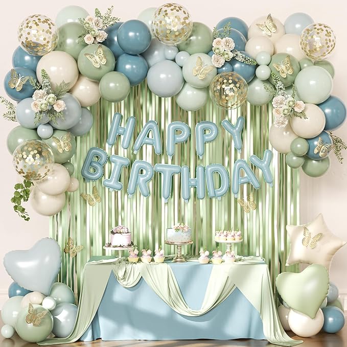 Blue and Green Birthday Decorations, Dusty blue Sage green Light Green Blue Sand White Gold Foil Confetti Balloons Happy birthday Banner Gold Butterfly Fringe Curtains for Birthday Party Decorations