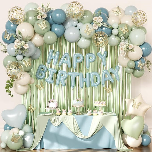 Blue and Green Birthday Decorations, Dusty blue Sage green Light Green Blue Sand White Gold Foil Confetti Balloons Happy birthday Banner Gold Butterfly Fringe Curtains for Birthday Party Decorations