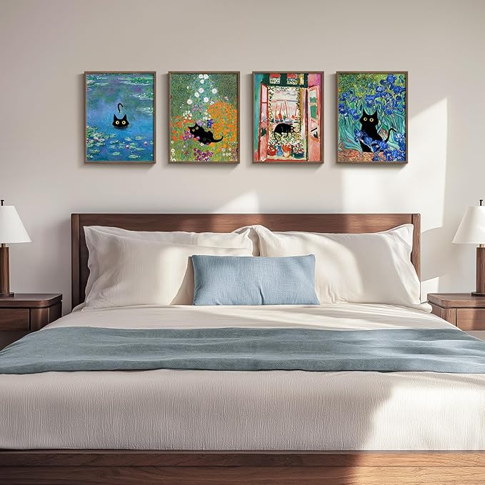 Framed Cat Bathroom Wall Art, 4 Piece Funny Cute Black Cat in Water Lilies Canvas Painting Prints Artwork, Garden Flowers Monet Cat Aesthetic Pictures for Bedroom Kitchen Living Room Home Decor, 11x14