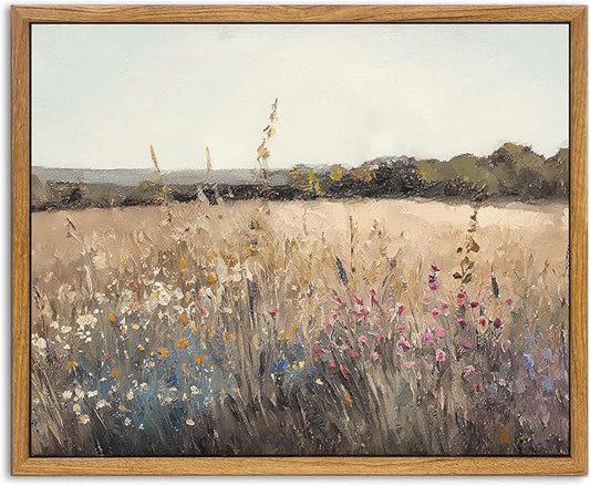 KBKBART Framed Vintage Wall Art Prints, Retro European Country Autumn Wildflower Field Landscape Canvas Painting Farmhouse Decor, Rustic Antique Framed Canvas Wall Art for Bathroom, Bedroom, Living